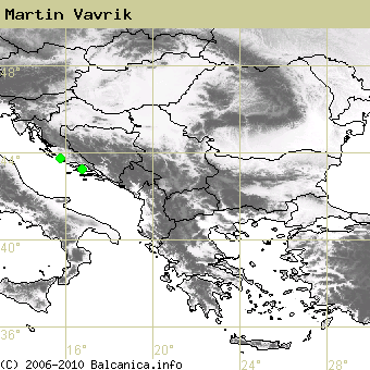 Martin Vavrik, obsazené kvadráty podle mapování Balcanica.info