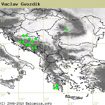 Vaclav Gvozdik, obsazené kvadráty podle mapování Balcanica.info