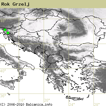 Rok Grzelj, obsazené kvadráty podle mapování Balcanica.info