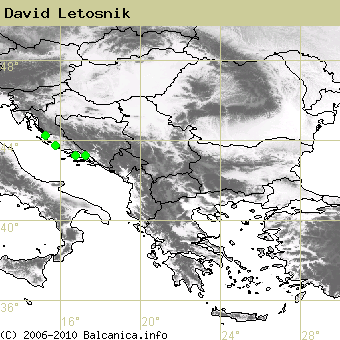 David Letosnik, obsazené kvadráty podle mapování Balcanica.info
