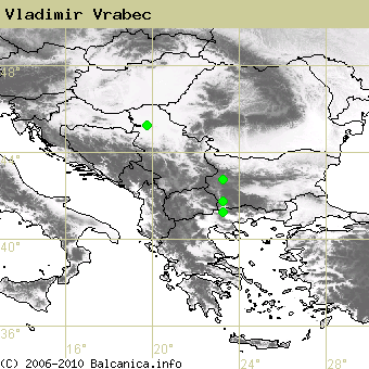 Vladimir Vrabec, obsazené kvadráty podle mapování Balcanica.info
