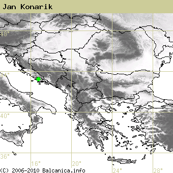 Jan Konarik, obsazené kvadráty podle mapování Balcanica.info