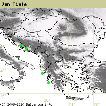 Jan Fiala, obsazené kvadráty podle mapování Balcanica.info
