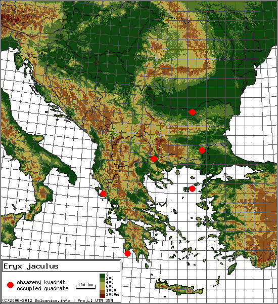 Eryx jaculus - mapa všech obsazených kvadrátů, UTM 50x50 km