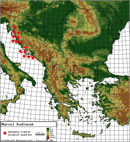 Marcel Kudlacek - mapa všech obsazených kvadrátů, UTM 50x50 km