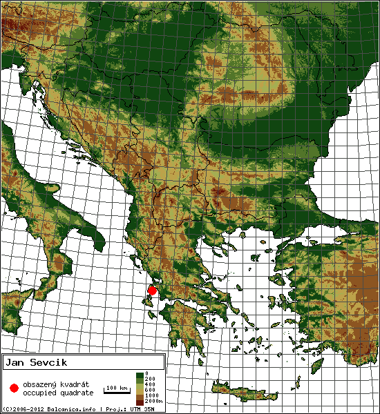 Jan Sevcik - mapa všech obsazených kvadrátů, UTM 50x50 km