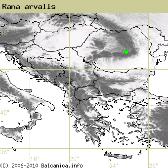 Rana arvalis, obsazené kvadráty podle mapování Balcanica.info