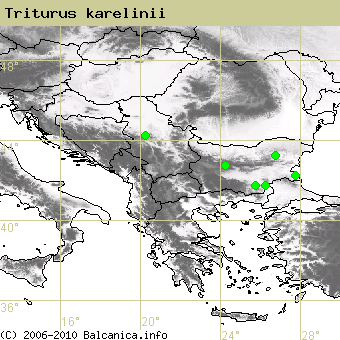 Triturus karelinii, obsazené kvadráty podle mapování Balcanica.info
