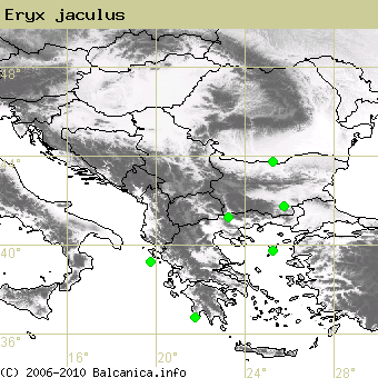 Eryx jaculus, obsazené kvadráty podle mapování Balcanica.info