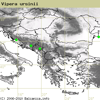 Vipera ursinii, obsazené kvadráty podle mapování Balcanica.info