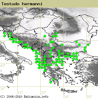 Testudo hermanni, occupied quadrates according to mapping of Balcanica.info