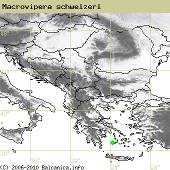Macrovipera schweizeri, obsazené kvadráty podle mapování Balcanica.info
