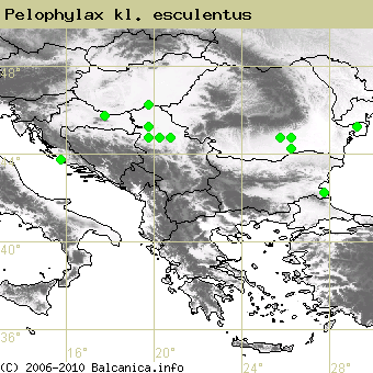 Pelophylax kl. esculentus, obsazené kvadráty podle mapování Balcanica.info