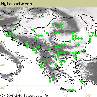 Hyla arborea, obsazené kvadráty podle mapování Balcanica.info