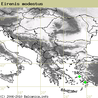 Eirenis modestus, occupied quadrates according to mapping of Balcanica.info