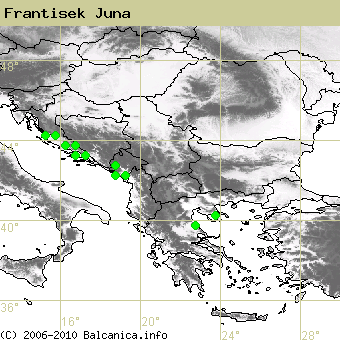 Frantisek Juna, obsazené kvadráty podle mapování Balcanica.info