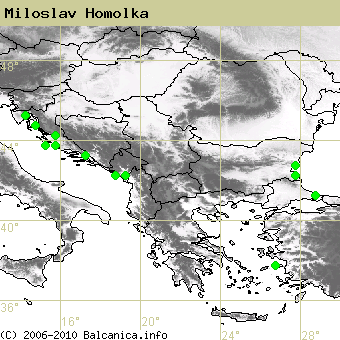 Miloslav Homolka, obsazené kvadráty podle mapování Balcanica.info