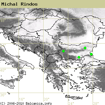 Michal Rindos, obsazené kvadráty podle mapování Balcanica.info