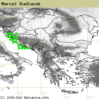 Marcel Kudlacek, obsazené kvadráty podle mapování Balcanica.info