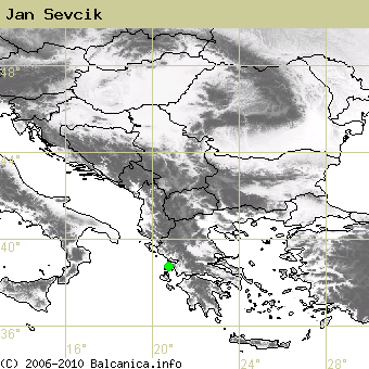 Jan Sevcik, occupied quadrates according to mapping of Balcanica.info