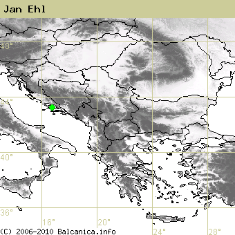 Jan Ehl, obsazené kvadráty podle mapování Balcanica.info