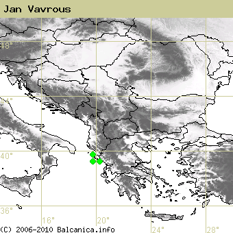 Jan Vavrous, obsazené kvadráty podle mapování Balcanica.info