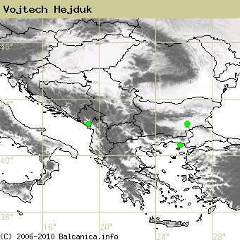 Vojtech Hejduk, occupied quadrates according to mapping of Balcanica.info