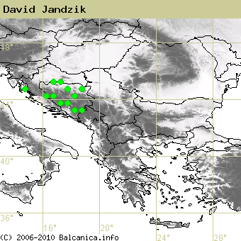 David Jandzik, obsazené kvadráty podle mapování Balcanica.info