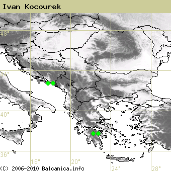 Ivan Kocourek, occupied quadrates according to mapping of Balcanica.info