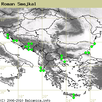 Roman Smejkal, obsazené kvadráty podle mapování Balcanica.info