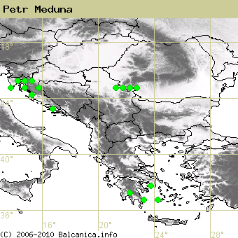 Petr Meduna, obsazené kvadráty podle mapování Balcanica.info