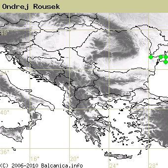 Ondrej Rousek, obsazené kvadráty podle mapování Balcanica.info