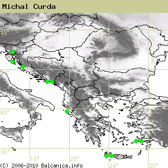 Michal Curda, obsazené kvadráty podle mapování Balcanica.info