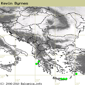 Kevin Byrnes, obsazené kvadráty podle mapování Balcanica.info