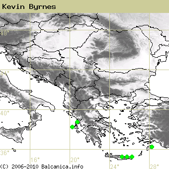 Kevin Byrnes, occupied quadrates according to mapping of Balcanica.info