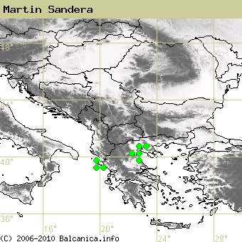 Martin Sandera, obsazené kvadráty podle mapování Balcanica.info