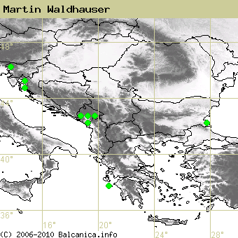 Martin Waldhauser, obsazené kvadráty podle mapování Balcanica.info
