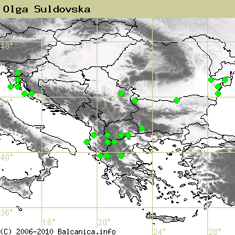 Olga Suldovska, obsazené kvadráty podle mapování Balcanica.info