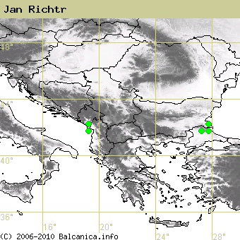 Jan Richtr, obsazené kvadráty podle mapování Balcanica.info