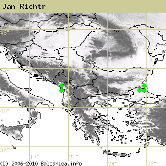 Jan Richtr, occupied quadrates according to mapping of Balcanica.info