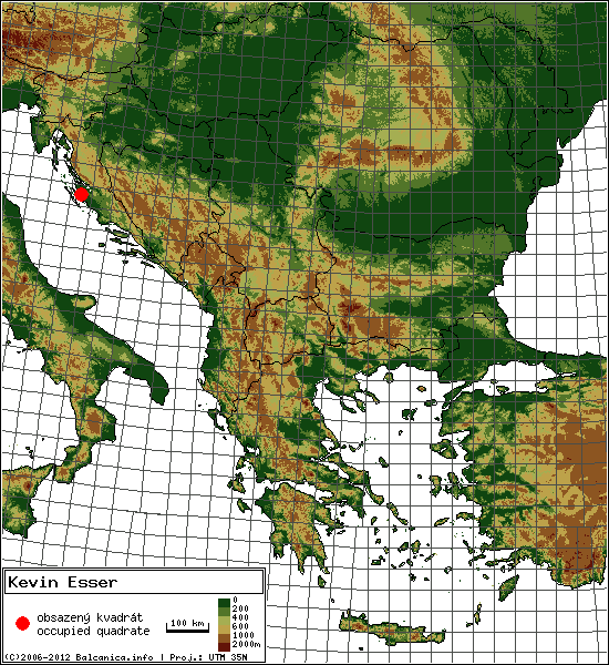 Kevin Esser - mapa všech obsazených kvadrátů, UTM 50x50 km