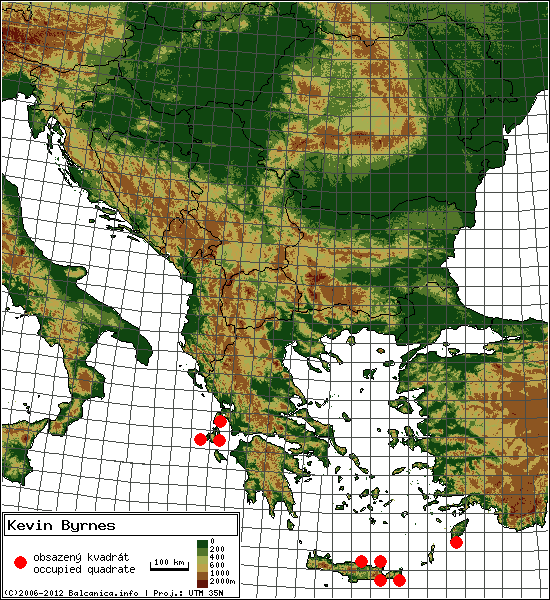 Kevin Byrnes - mapa všech obsazených kvadrátů, UTM 50x50 km