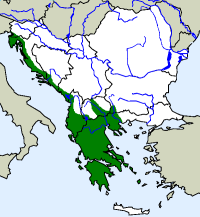 rozšíření užovky pardálí na Balkáně (zeleně)