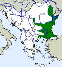 rozšíření užovky sarmantské Elaphe sauromates na Balkáně (zeleně)