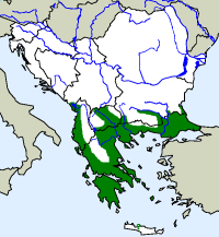 rozšíření slepáka nažloutlého Typhlops vermicularis na Balkáně (zeleně)