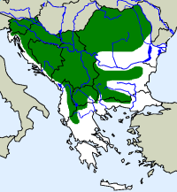 rozšíření zmije obecné na Balkáně (zeleně)