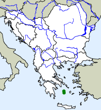 rozšíření zmije milóské Macrovipera schweizeri na Balkáně (zeleně)